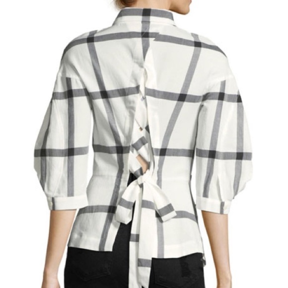 DEREK LAM - 10 Crosby Luxury ¾ Sleeve Check-Print Shirt w/ Lace-Up Back SIZE 2 - Picture 2 of 8